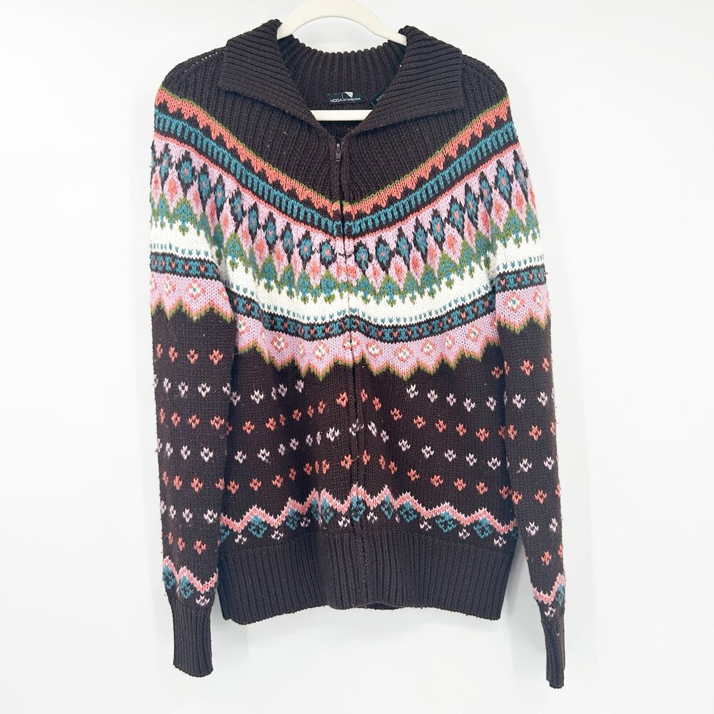 Moda International Womens Wool Blend Fair Isle Knit Full Zip‎ Cardigan Sweater L